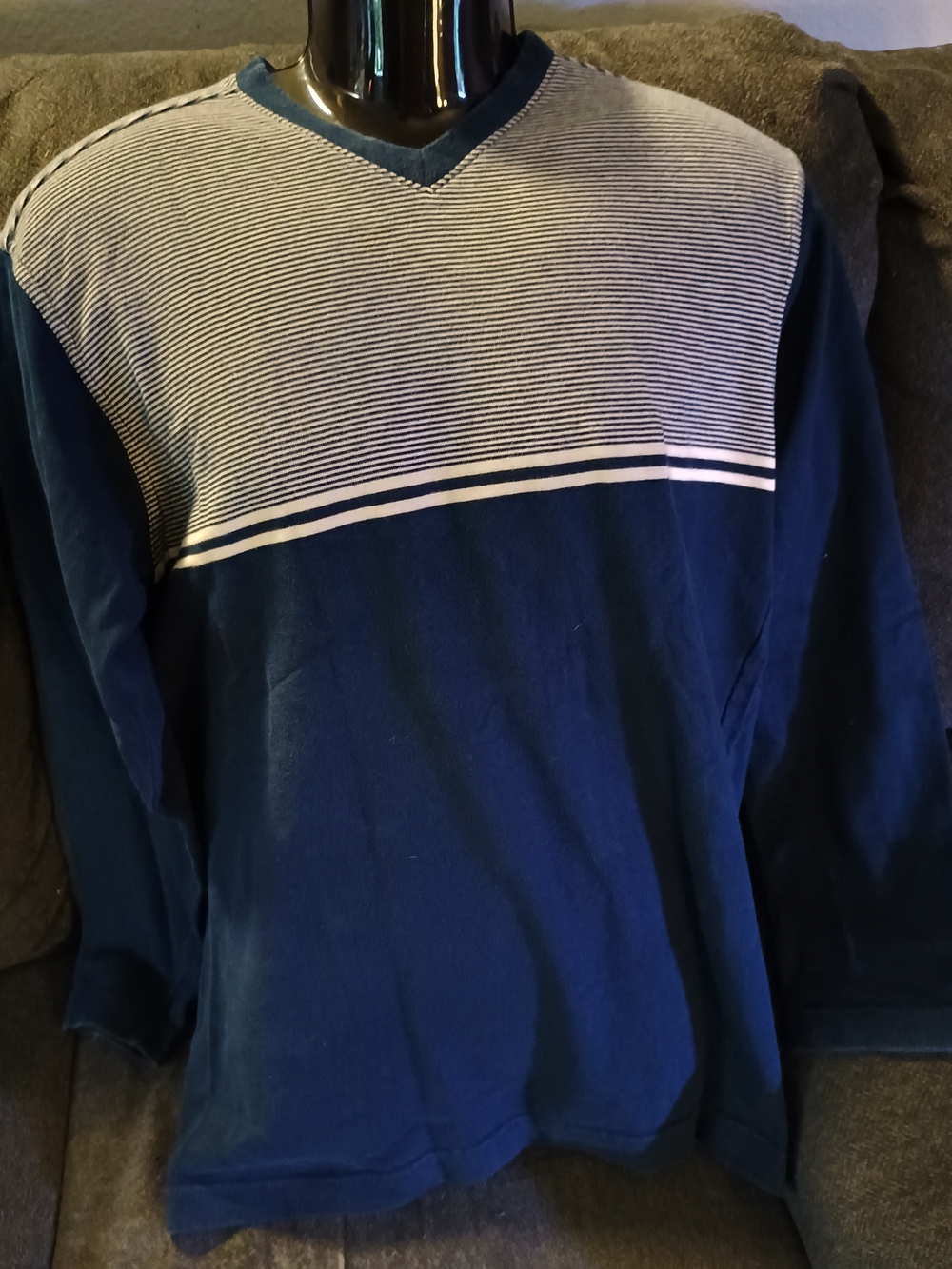 Levi's Navy and White Striped V-Neck Sweater